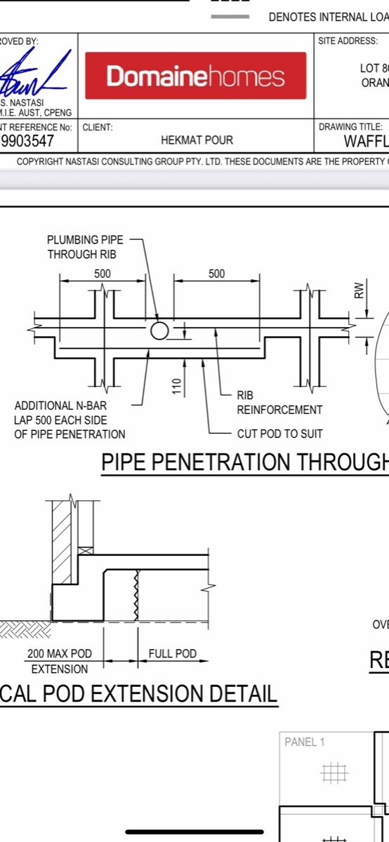Pipe penetration, recorded during a slab pre-pour inspection in Oran Park